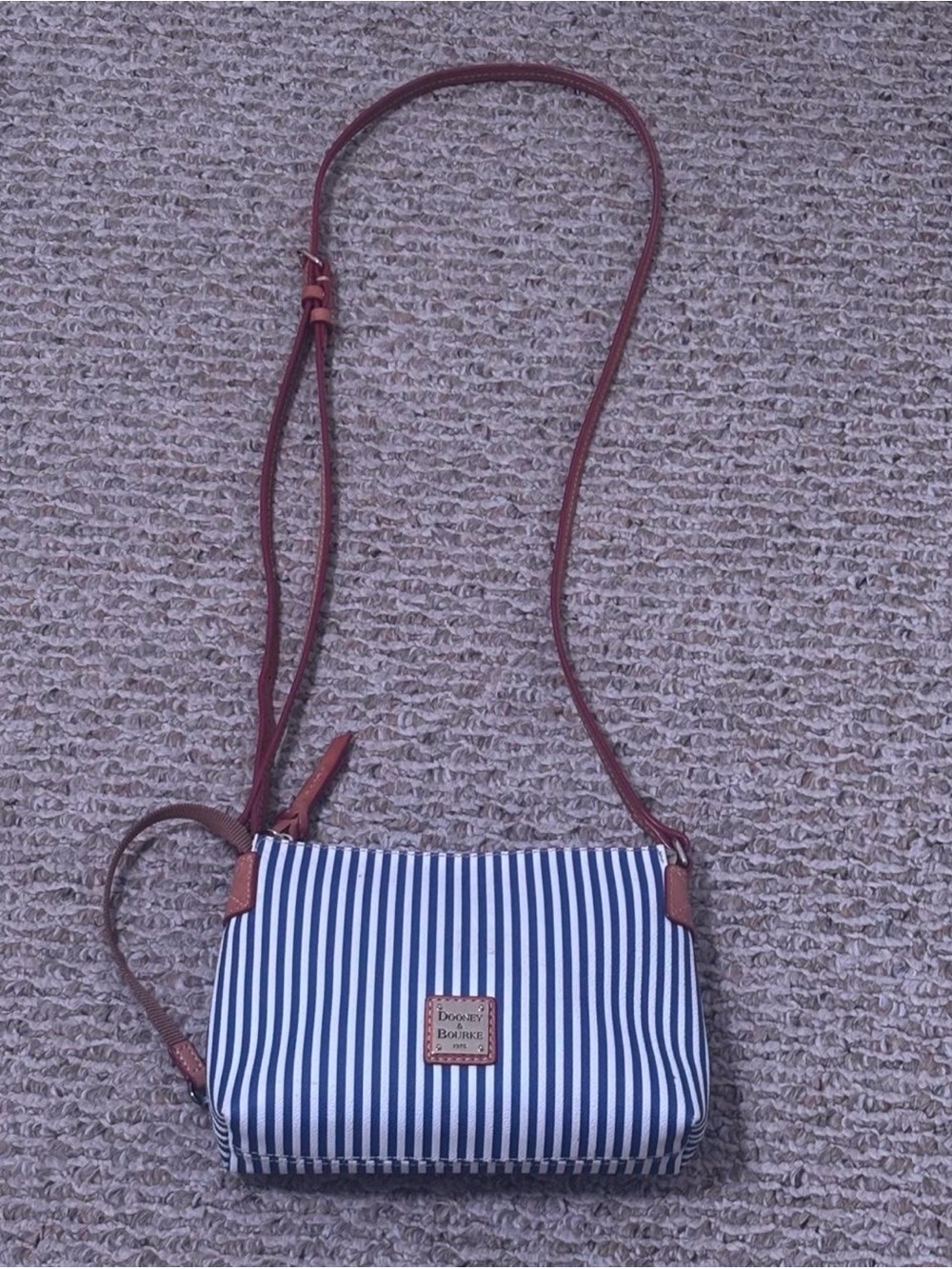 Dooney & Bourke Navy and White Striped Crossbody with Brown Trim